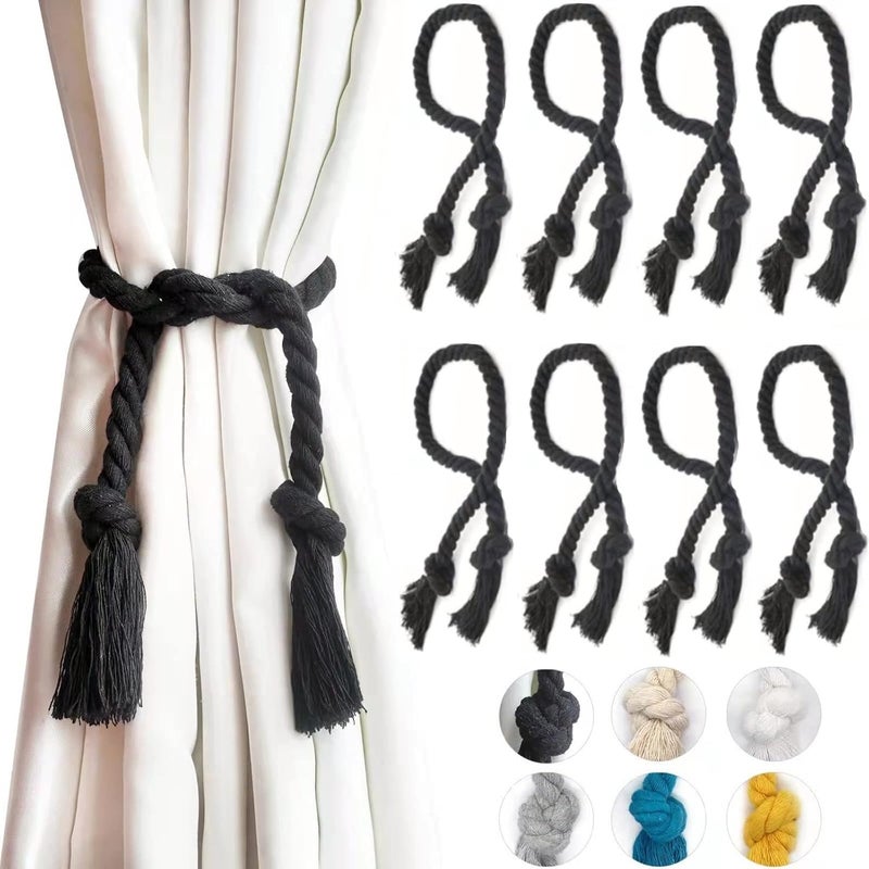 Yteseery 8 Pack Curtain Ties Rope, Outdoor Curtain Tiebacks for Patio Gazebo Pergola Cabana, Natural Cotton Curtain Holders, Village Rural Rustic Farmhouse Curtain Holdbacks for Drapery, Black - Image 1